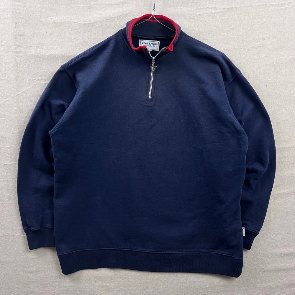 Koko Sport Quarter Zip Sweatshirt Men L Navy Blue Red Striped Mock Neck Pullover